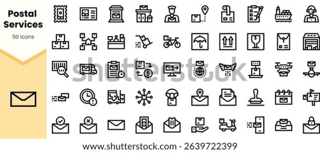 A collection of linear icons representing various postal services, including delivery, shipment, and communication tools, in a clean, modern design.
