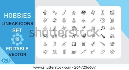Collection of Linear Icons Representing Various Hobbies and Leisure Activities