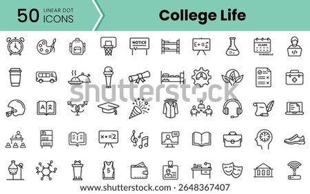 A collection of linear icons representing various aspects of college life, featuring elements like books, alarms, schedules, and graduation motifs.