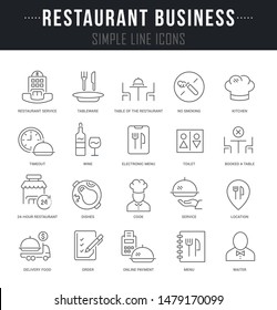 Colección de iconos lineales del negocio de restaurantes con nombres.