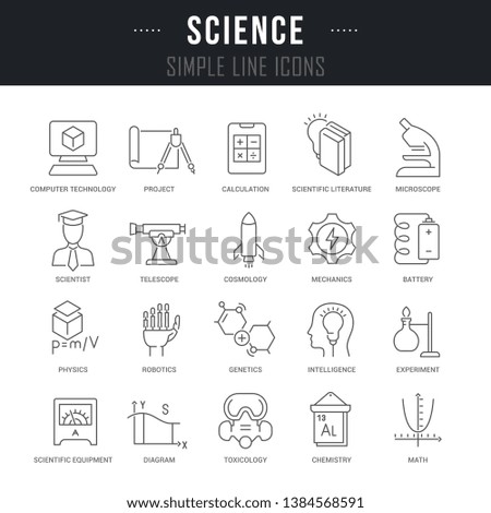 Collection linear icons of science with names. 