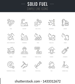 Collection linear icons of solid fuel with names.