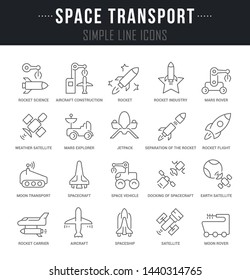 Collection linear icons of space transport with names.