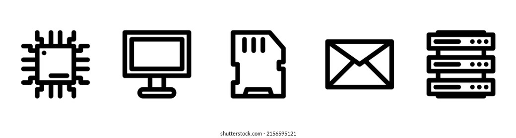 Collection Linear Icons of Technology. Set of technology icons. Device and technology web icons in line style. Chip, Computer monitor, Storage, Email, Server. Vector illustration