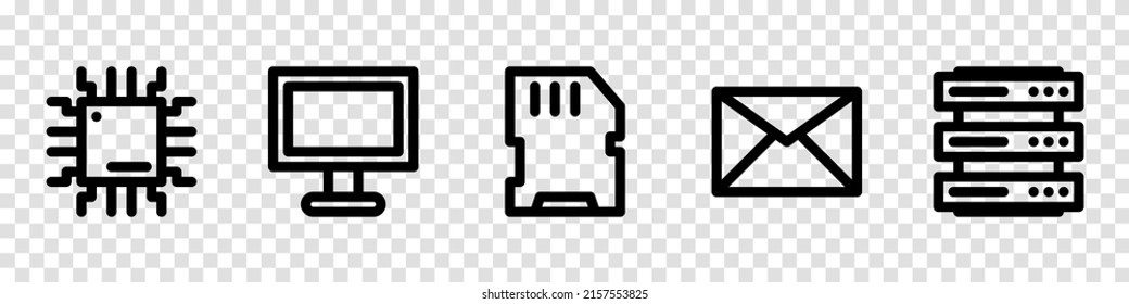 Collection Linear Icons of Technology. Set of technology icons. Device and technology web icons in line style. Chip, Computer monitor, Storage, Email, Server. Vector illustration
