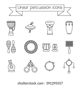 Collection of linear icons of traditional for folk music percussion instruments.