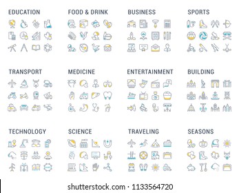 Collection of linear icons. Transport, food & drink, business, sport, transport, medicine, technology, science, traveling and others. Twelve themes.