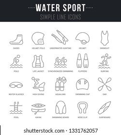 Collection linear icons of water sport with names. 