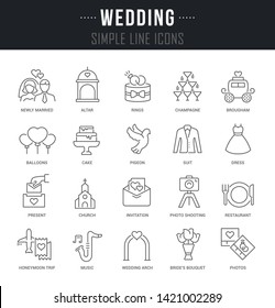 Collection linear icons of wedding with names.