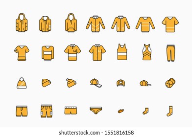 A collection of linear illustrations of icons in the form of casual and sportswear.
 Vector signs and clothes on a white background for a clothing store and accessories.