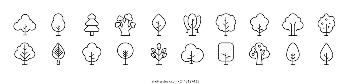 Collection of Linear Illustrations of Tree Drawn with Thin Line. Editable stroke. Simple linear illustration for web sites, newspapers, articles book 