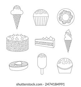 Collection of Linear Illustrations of Various Desserts Vector Illustration EPS10