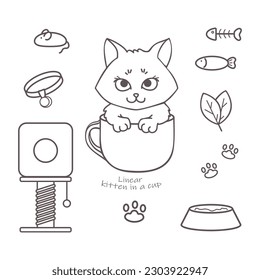 Collection of linear images with a kitten in a cup and cat toys on a white background.