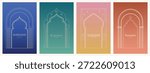 Collection of linear Islamic windows, mosque doors, frames and arches. Minimal golden Arabic oriental style elements for Ramadan Kareem and Eid Mubarak.