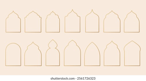 Collection of linear Islamic windows, mosque doors, frames and arches. Minimal golden Arabic oriental style vector elements for Ramadan Kareem and Eid Mubarak.