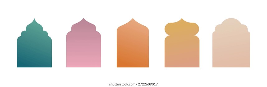 Collection of linear Islamic windows, mosque doors, frames and arches. Minimal golden Arabic oriental style elements for Ramadan Kareem and Eid Mubarak.