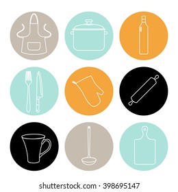 Collection of linear kitchen icons on turquoise, orange, gray and black circles. EPS 10.