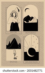Collection of linear logos for studios, printing on paper, textiles, clothing. Symbols of a whale, mountains, universe, nature, sun and moon. Place for your text.