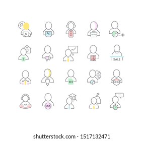 Collection of linear modern icons of business profession with colored elements. Icons for infographics and websites