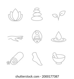 Collection of linear, modern style spa, wellness icons. Vector art.
