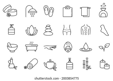 Collection of linear, modern style spa, wellness icons. Vector art.