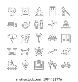 Colección de Iconos del Parque Lineal. Como punteros, fuente, parque, árboles, tienda, sendero y otros. Conjunto de ilustraciones de vectores planos de contorno aisladas en fondo blanco