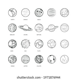 Collection of linear planets. Sketch style icons.