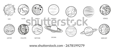 Collection of linear planets. Sketch style icons.