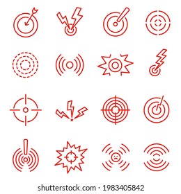 Collection linear red pain markers icon vector illustration. Set local circles abstract symbol of human part ache isolated. Monochrome hurt localization marker for painkiller pills advertisement