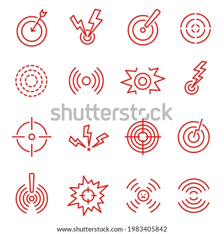 Collection linear red pain markers icon vector illustration. Set local circles abstract symbol of human part ache isolated. Monochrome hurt localization marker for painkiller pills advertisement