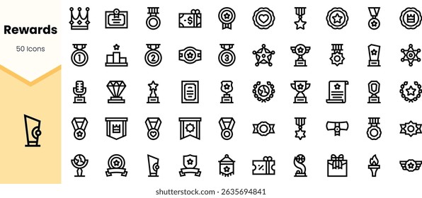 A collection of linear reward icons, featuring trophies, medals, badges, and certificates, ideal for achievement recognition and gamification design.