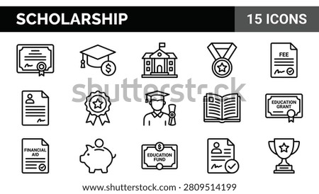 Collection of linear scholarship and education icons representing financial aid and academic success
