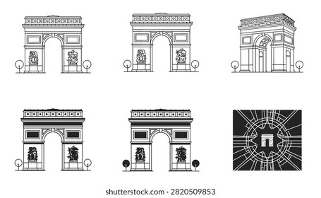 Collection of linear and silhouette illustrations representing the famous Arc de Triomphe monument in Paris France.