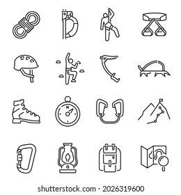 Collection of linear simple climbing icon vector illustration. Set of monochrome alpinism, mountaineering, equipment, hiking, tourism, outdoor hobby isolated on white. Extreme sport leisure activity
