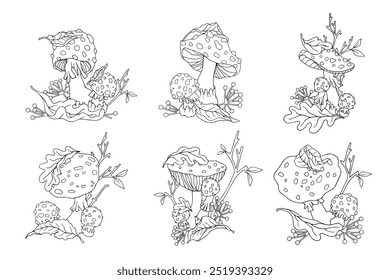 Collection of linear sketches of autumn compositions with fly agaric mushrooms, wild berries, autumn leaves, dry branches. Cartoon vector graphics.