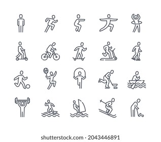 Collection of linear sport icon elements on white background. Concept of essential sport icons template for creative use. Flat cartoon vector illustration