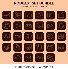 Collection of Linear Style Icons on a Solid Background, Representing Media, Communications, and Entertainment, Ideal