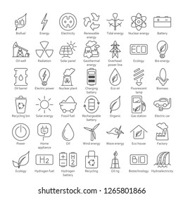 Collection of linear style vector icons  on the theme of electric power. Renewable and non-renewable resources