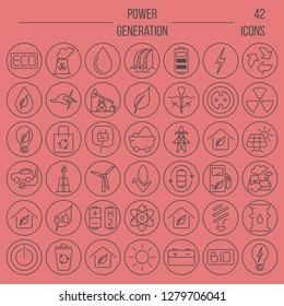 Collection of linear style vector icons  on the theme of electric power. Renewable and non-renewable resources
