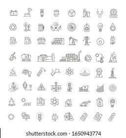 Collection of linear style vector icons on the theme of electric power. Renewable and non-renewable resources