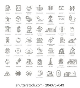Colección de iconos vectoriales de estilo lineal sobre el tema de la energía eléctrica. Recursos renovables y no renovables