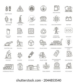 Collection of linear style vector icons on the theme of electric power. Renewable and non-renewable resources