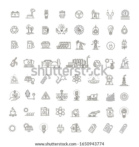Collection of linear style vector icons on the theme of electric power. Renewable and non-renewable resources