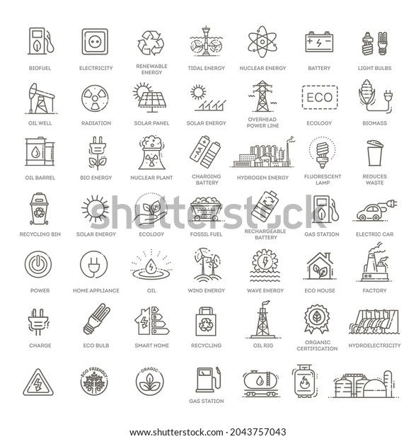 Collection of\
linear style vector icons on the theme of electric power. Renewable\
and non-renewable\
resources
