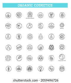 Collection of linear symbols or badges for natural eco friendly handmade products, organic cosmetics, vegan and vegetarian food isolated on white background