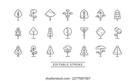 Collection of linear trees. Vector icons with editable stroke. Minimal  trees set for web.