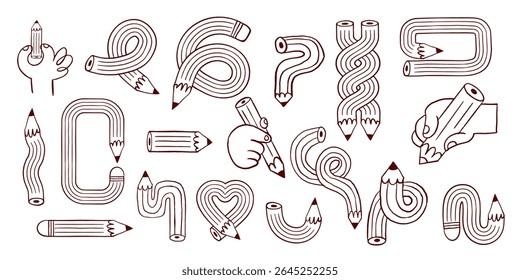 Collection of linear twisted pencil illustrations and doodles. Hand drawn vintage concept line art designs for Back to School promotion, e-learning and summer school marketing materials.