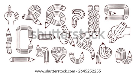 Collection of linear twisted pencil illustrations and doodles. Hand drawn vintage concept line art designs for Back to School promotion, e-learning and summer school marketing materials.