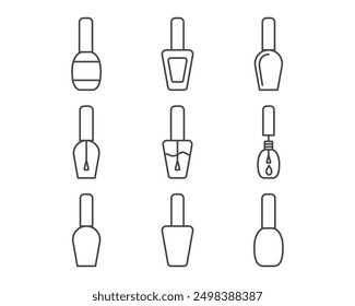 Collection linear vector graphic icons of beauty in the form of nail polish for manicure and pedicure.