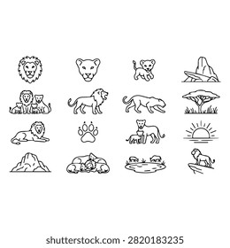 A collection of linear vector icons depicting lions, lionesses, cubs, and African savanna landscapes in a minimalist style.